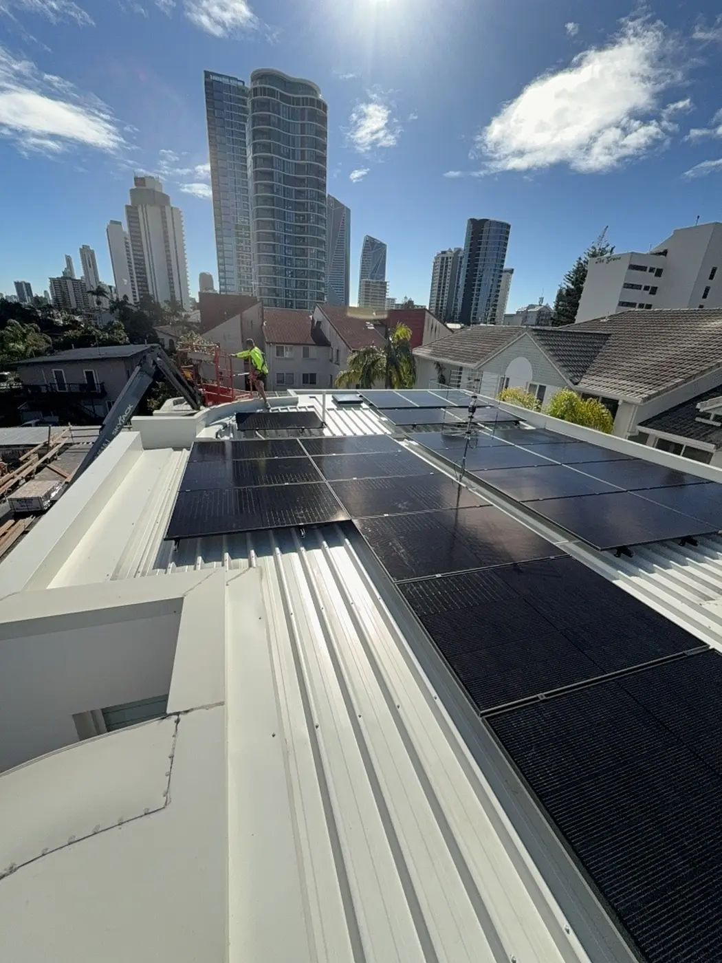 Solar panels with the Surfers Paradise skyline